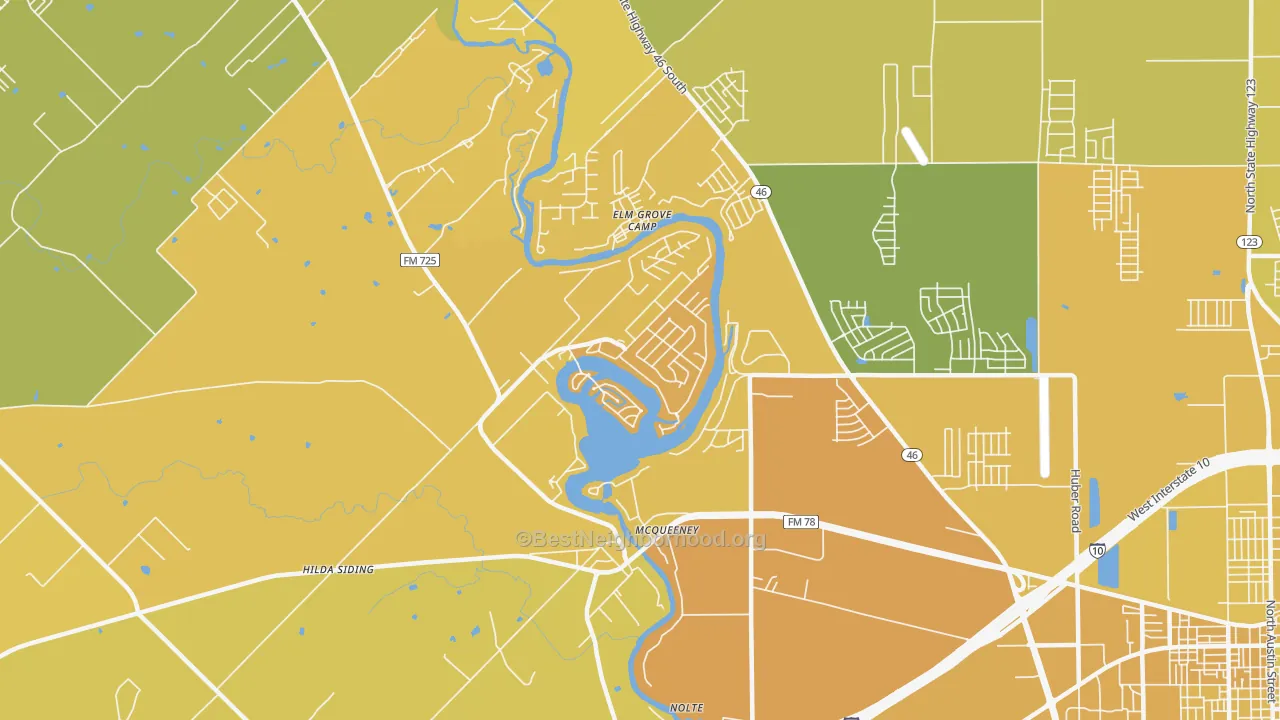 Map of the best neighborhoods in the Mc Queeney area, with better matches in green and worse matches in red