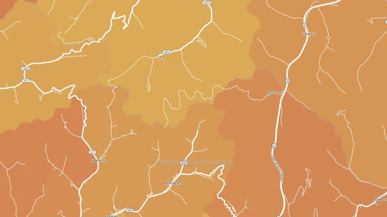 Map of the best neighborhoods in the Mc Roberts area, with better matches in green and worse matches in red