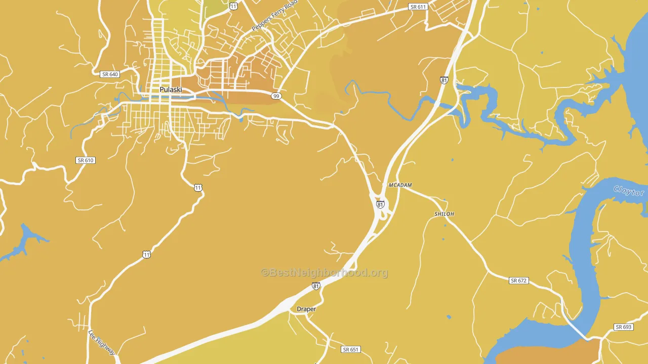 Map of the best neighborhoods in the McAdam area, with better matches in green and worse matches in red