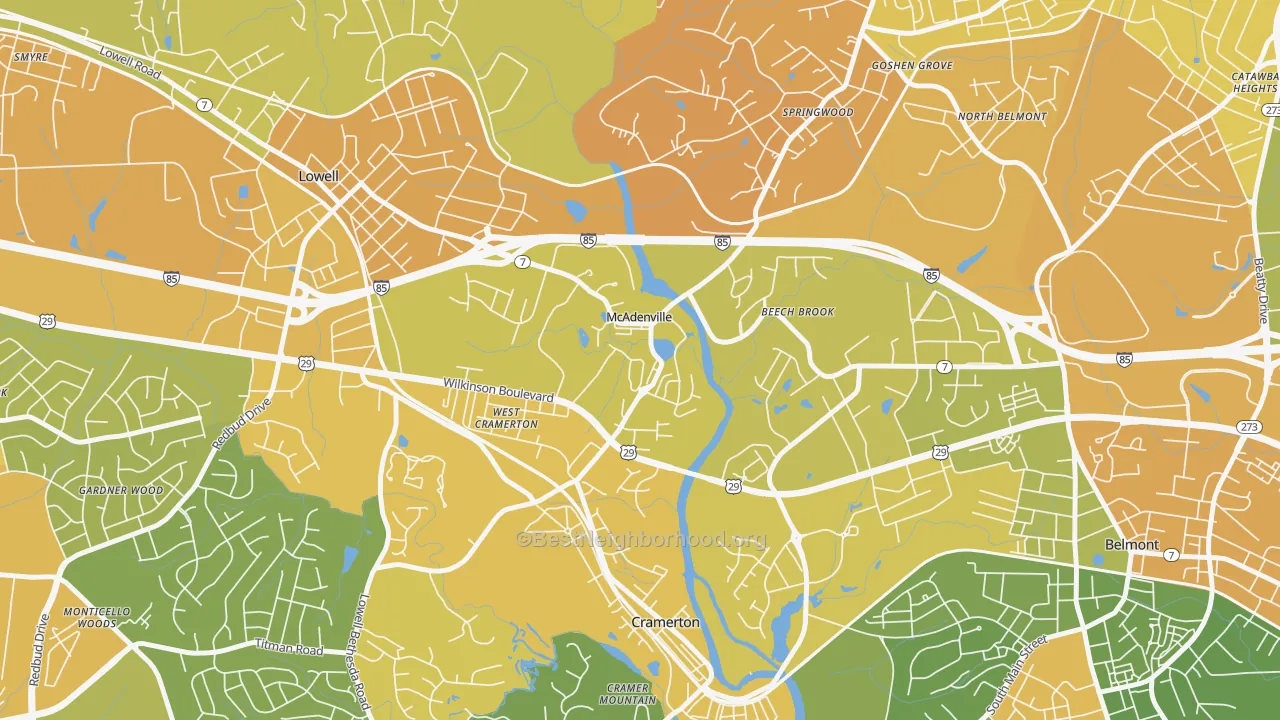 Map of the best neighborhoods in the McAdenville area, with better matches in green and worse matches in red
