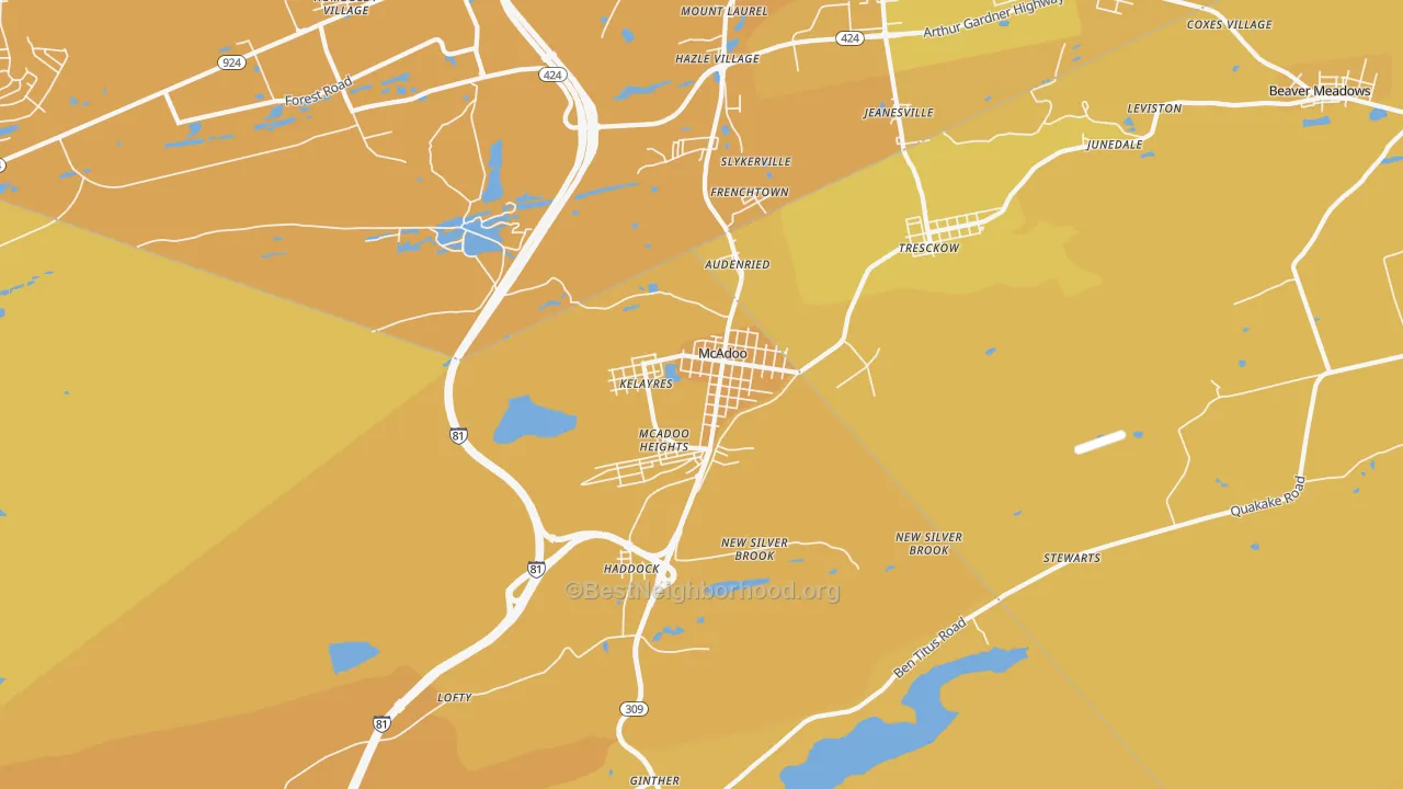 Map of the best neighborhoods in the Mcadoo area, with better matches in green and worse matches in red