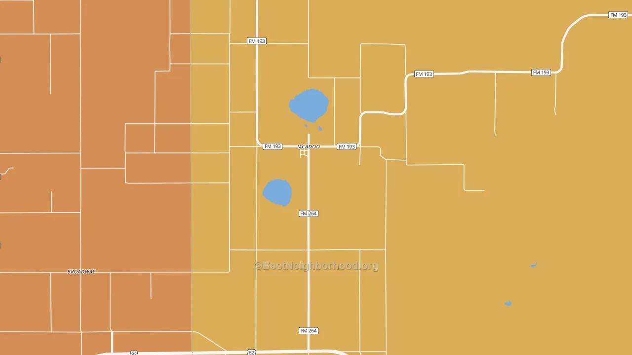 Map of the best neighborhoods in the Mcadoo area, with better matches in green and worse matches in red