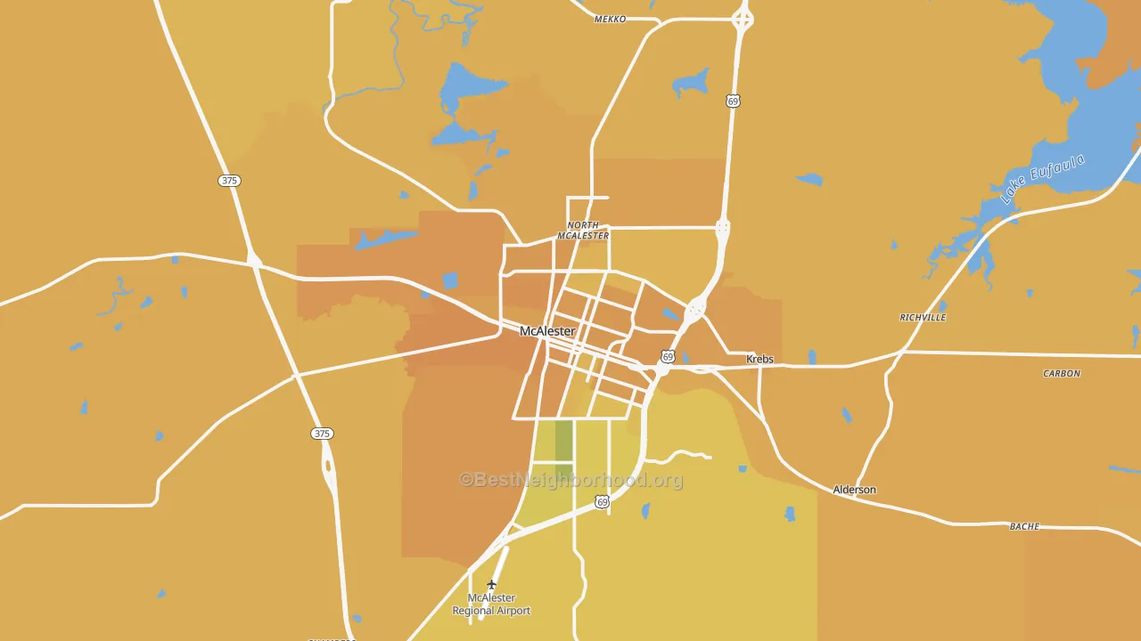Map of the best neighborhoods in the McAlester area, with better matches in green and worse matches in red