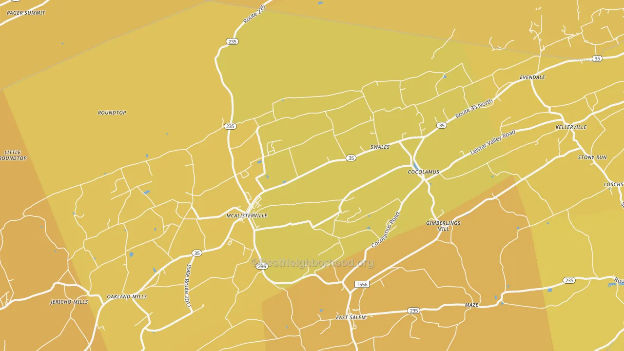 Map of the best neighborhoods in the McAlisterville area, with better matches in green and worse matches in red