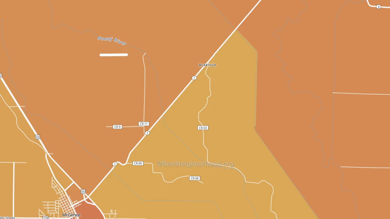Map of the best neighborhoods in the McArthur area, with better matches in green and worse matches in red