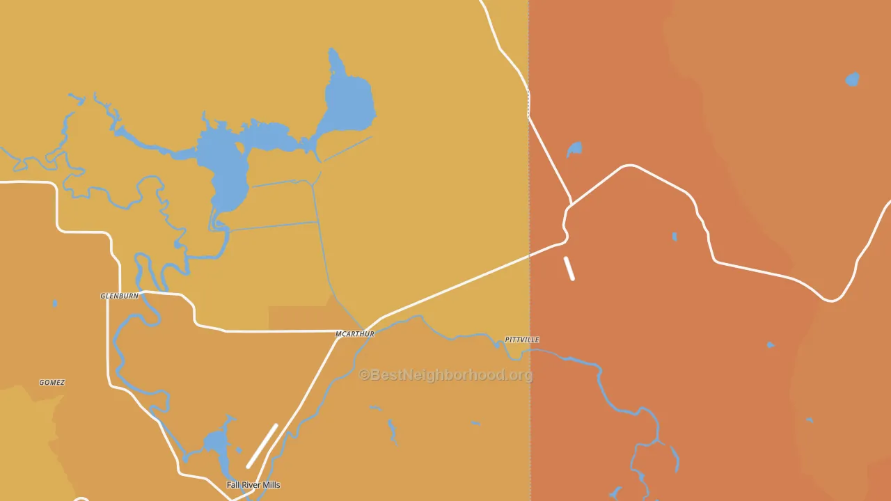 Map of the best neighborhoods in the Mcarthur area, with better matches in green and worse matches in red