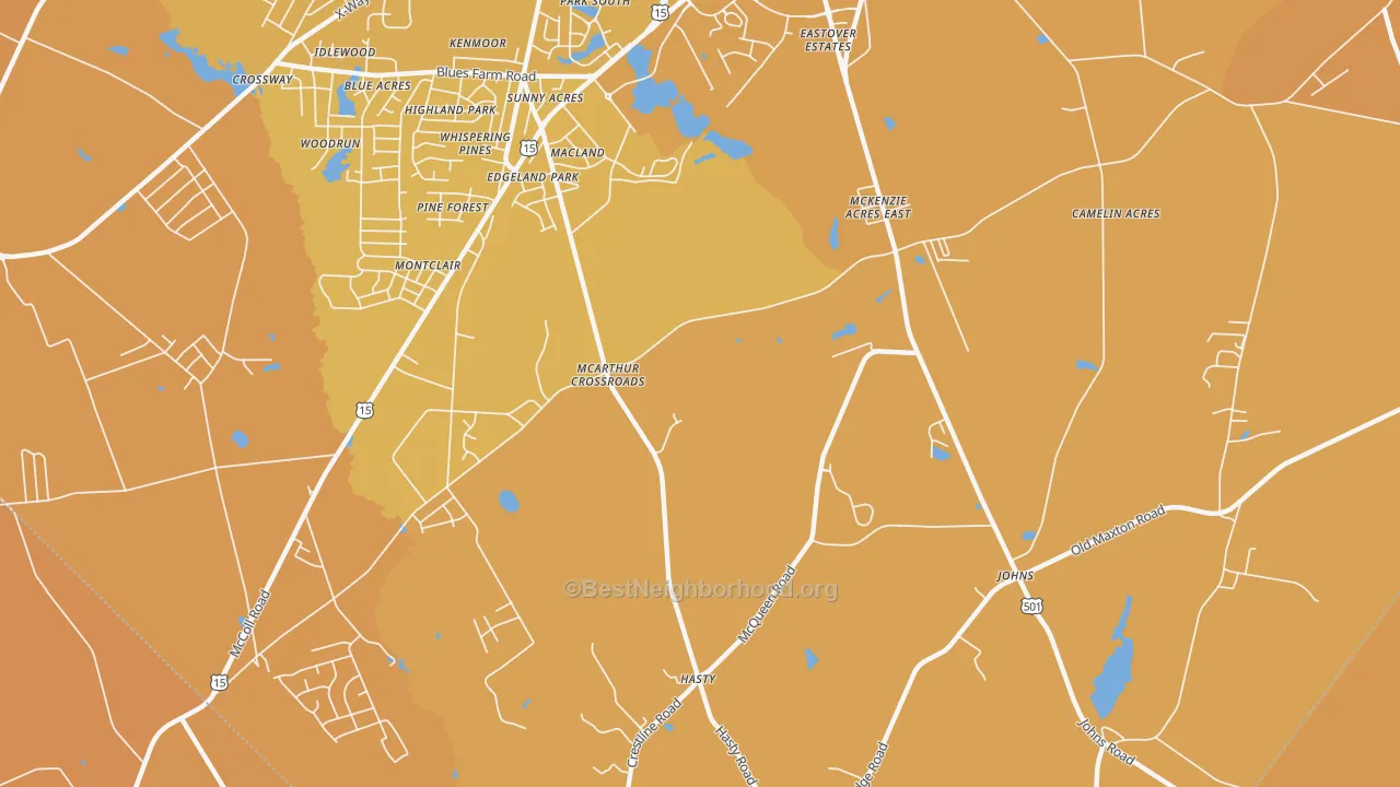 Map of the best neighborhoods in the McArthur Crossroads area, with better matches in green and worse matches in red
