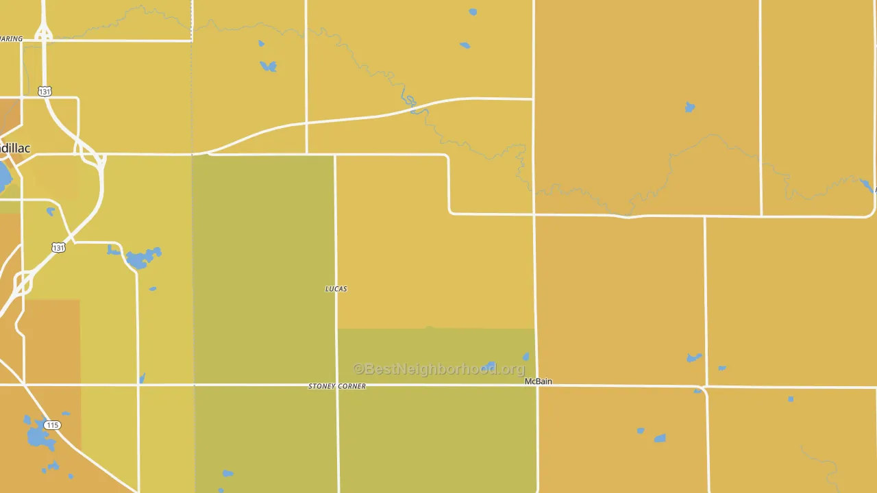 Map of the best neighborhoods in the McBain area, with better matches in green and worse matches in red