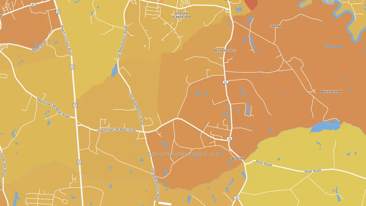 Map of the best neighborhoods in the McBean area, with better matches in green and worse matches in red