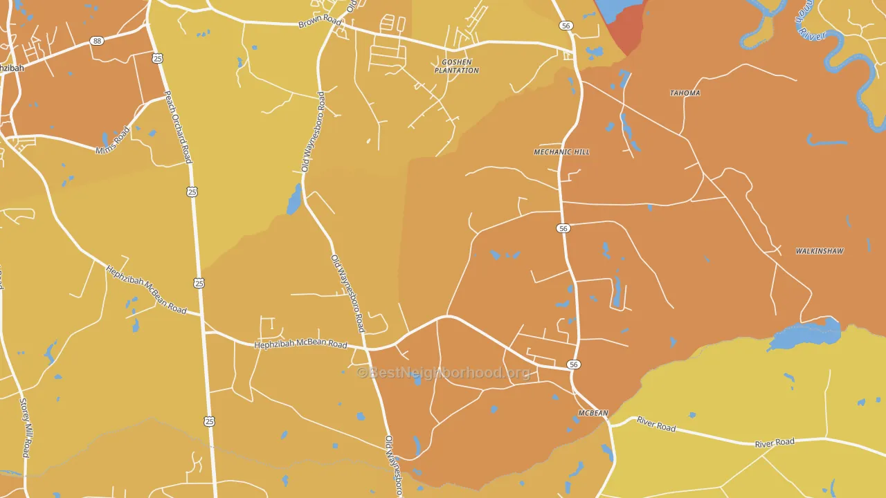 Map of the best neighborhoods in the Mcbean, Hephzibah area, with better matches in green and worse matches in red