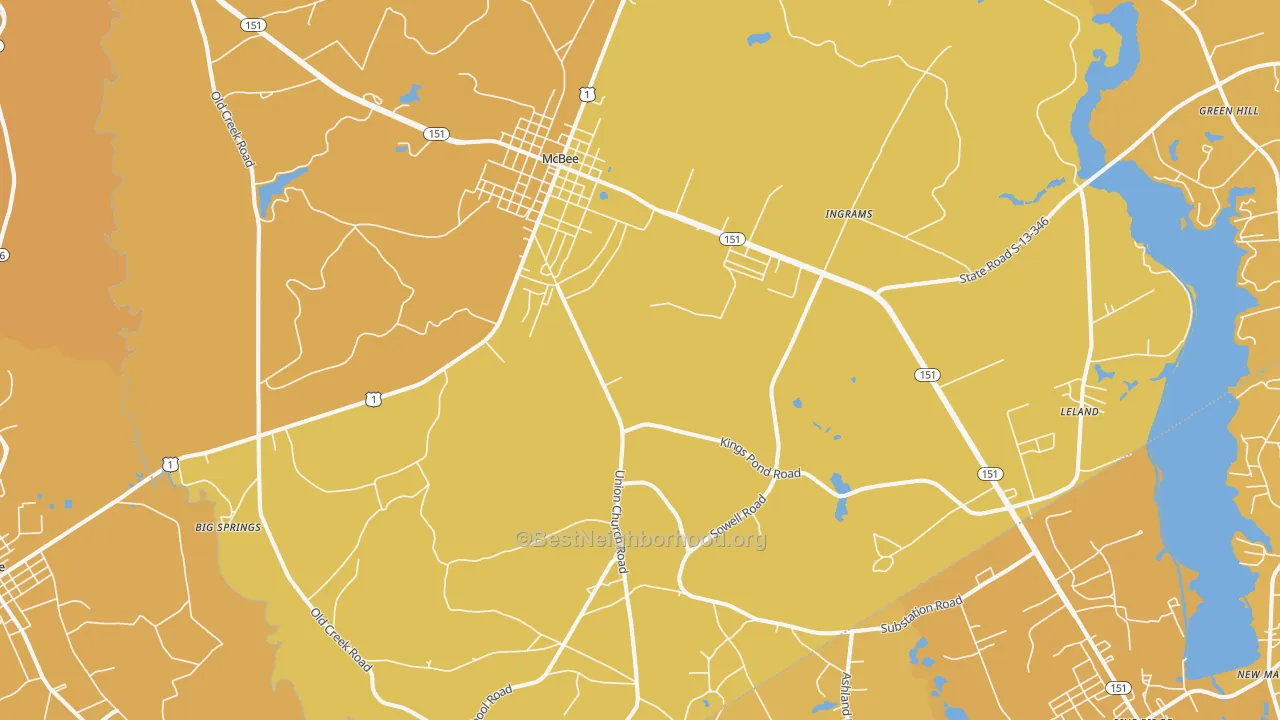 Map of the best neighborhoods in the McBee area, with better matches in green and worse matches in red