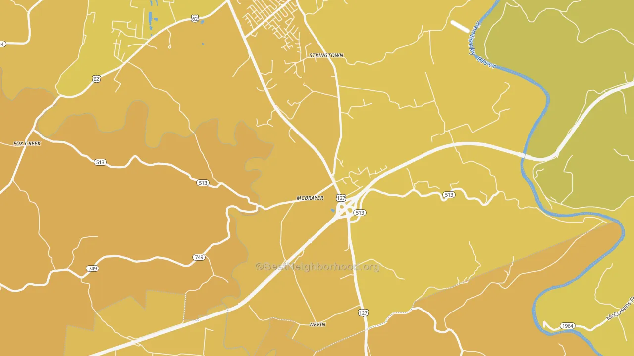 Map of the best neighborhoods in the McBrayer area, with better matches in green and worse matches in red