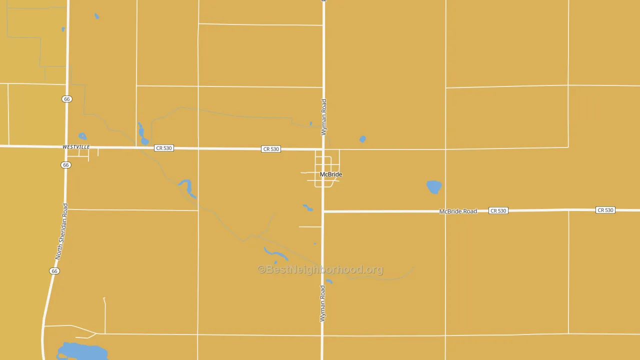 Map of the best neighborhoods in the McBride area, with better matches in green and worse matches in red