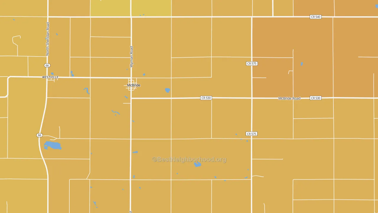 Map of the best neighborhoods in the Mcbrides area, with better matches in green and worse matches in red