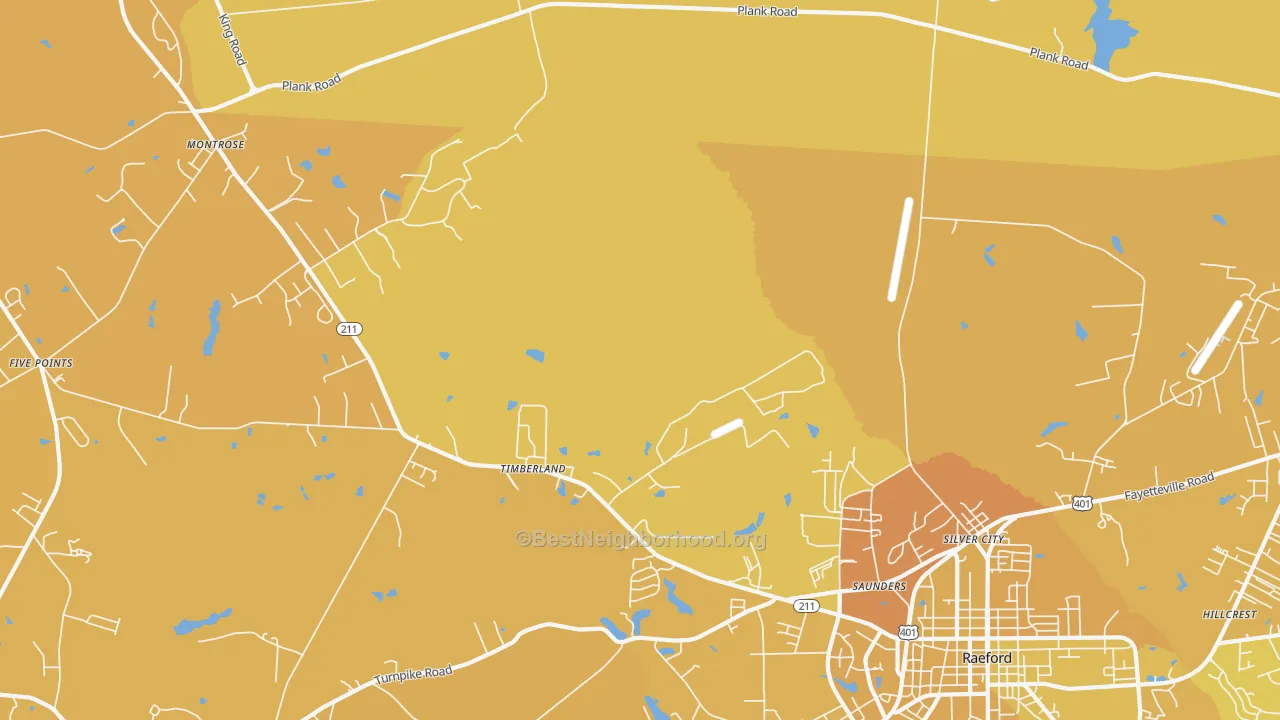 Map of the best neighborhoods in the Mccain area, with better matches in green and worse matches in red