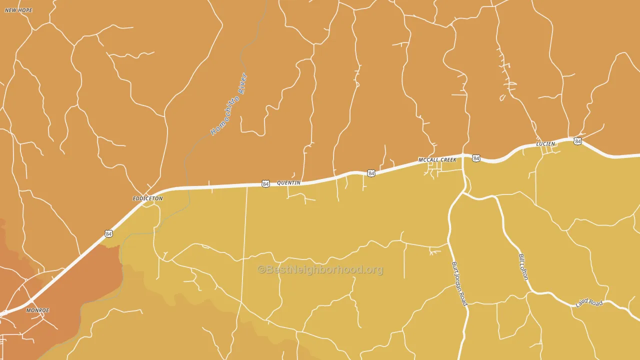Map of the best neighborhoods in the McCall Creek area, with better matches in green and worse matches in red