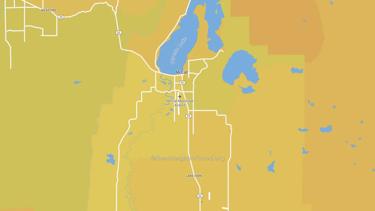 Map of the best neighborhoods in the McCall area, with better matches in green and worse matches in red
