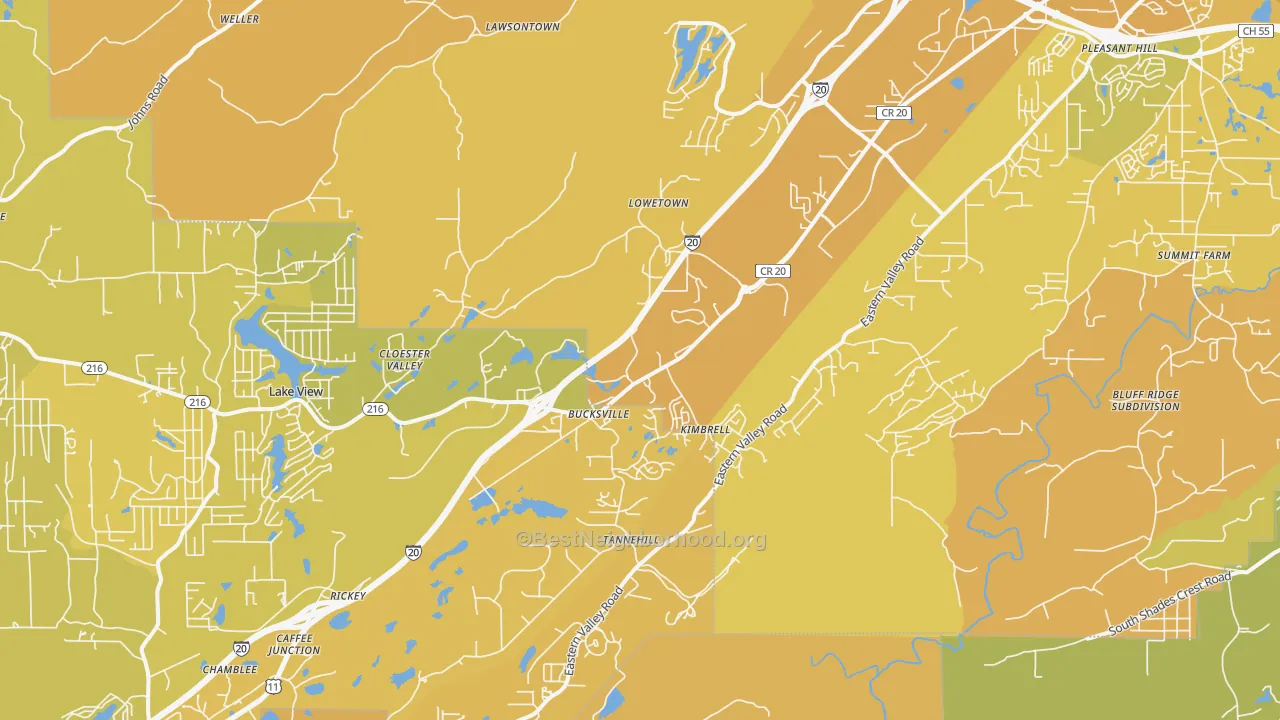 Map of the best neighborhoods in the Mccalla area, with better matches in green and worse matches in red