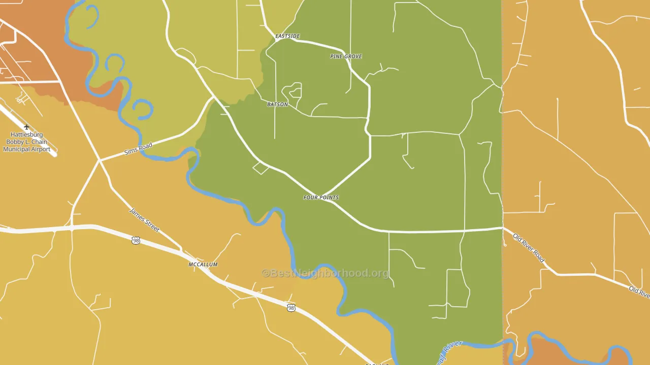 Map of the best neighborhoods in the McCallum area, with better matches in green and worse matches in red
