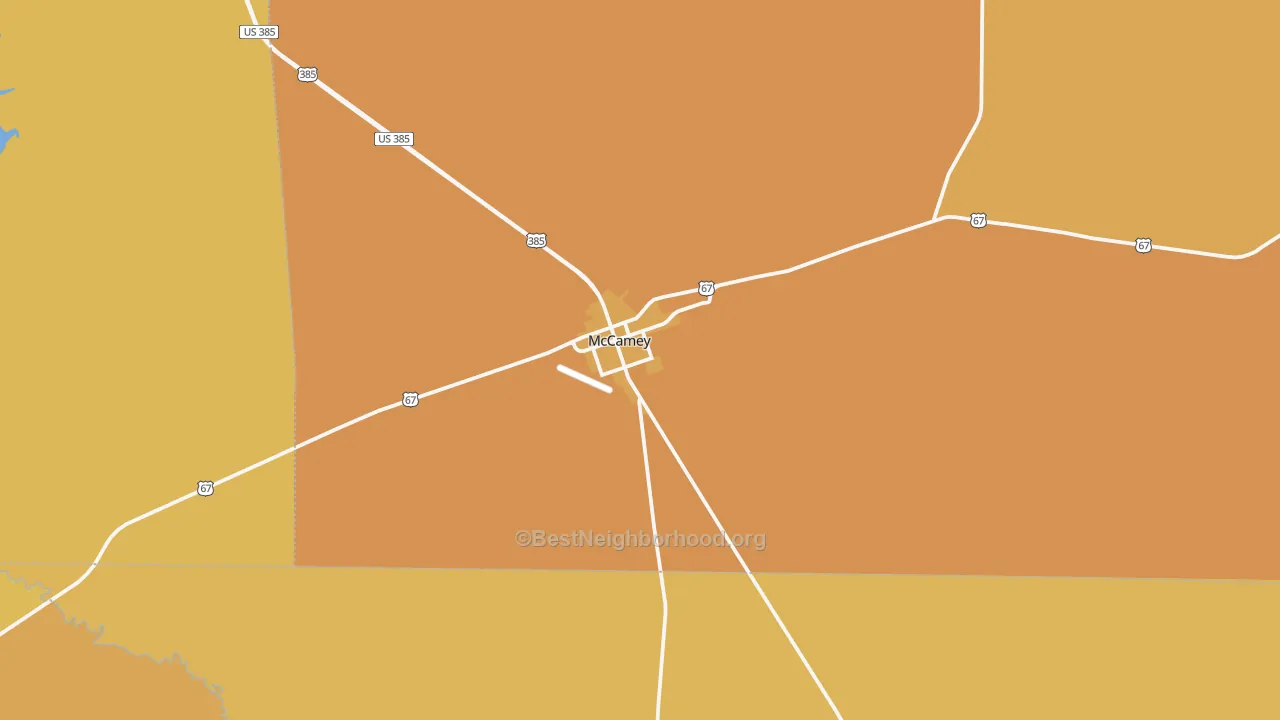 Map of the best neighborhoods in the McCamey area, with better matches in green and worse matches in red