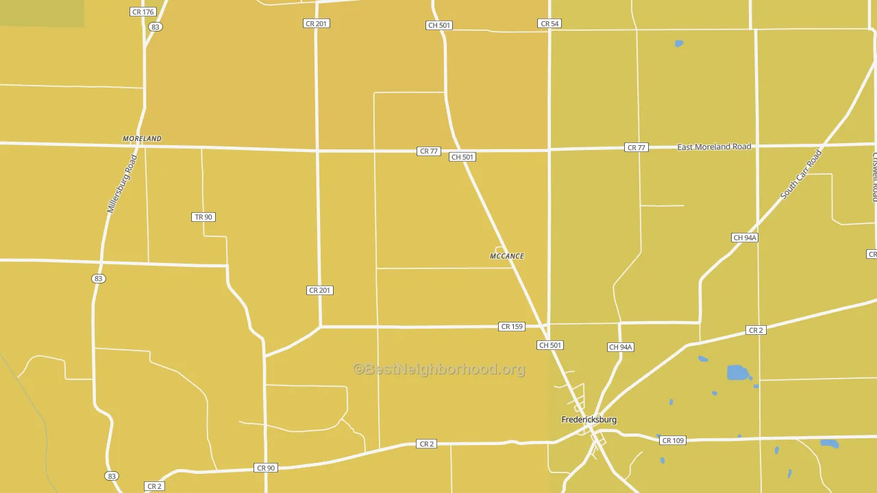 Map of the best neighborhoods in the McCance area, with better matches in green and worse matches in red