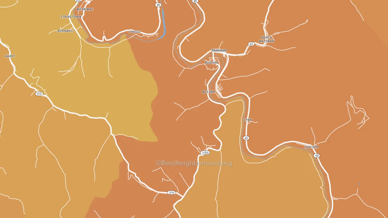 Map of the best neighborhoods in the McCarr area, with better matches in green and worse matches in red