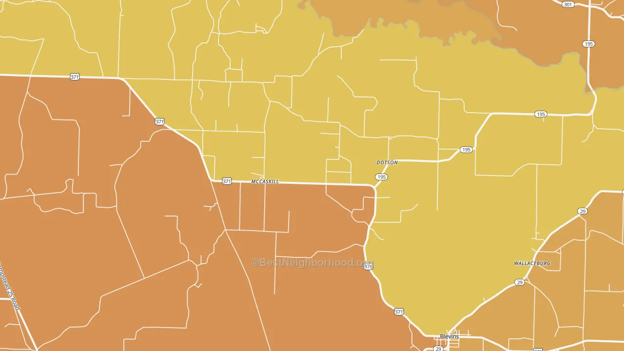 Map of the best neighborhoods in the McCaskill area, with better matches in green and worse matches in red