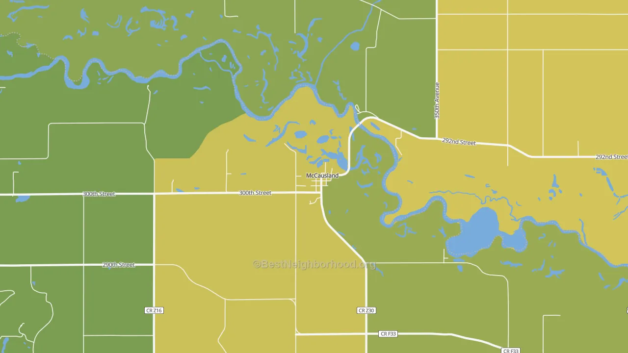Map of the best neighborhoods in the McCausland area, with better matches in green and worse matches in red