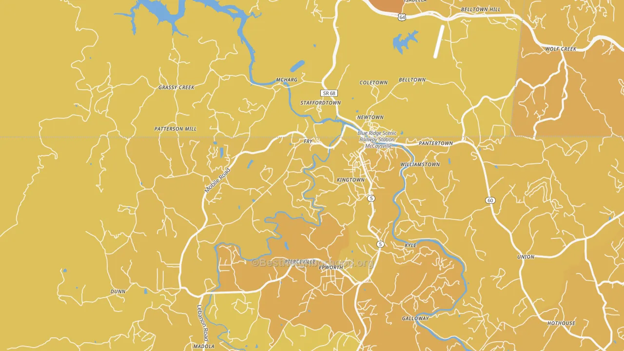 Map of the best neighborhoods in the McCaysville area, with better matches in green and worse matches in red