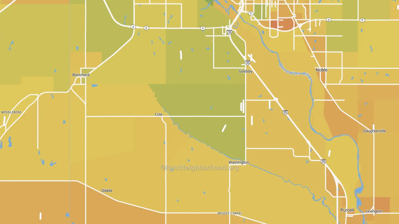 Map of the best neighborhoods in the McClain County area, with better matches in green and worse matches in red