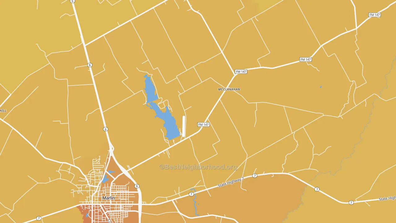 Map of the best neighborhoods in the McClanahan area, with better matches in green and worse matches in red