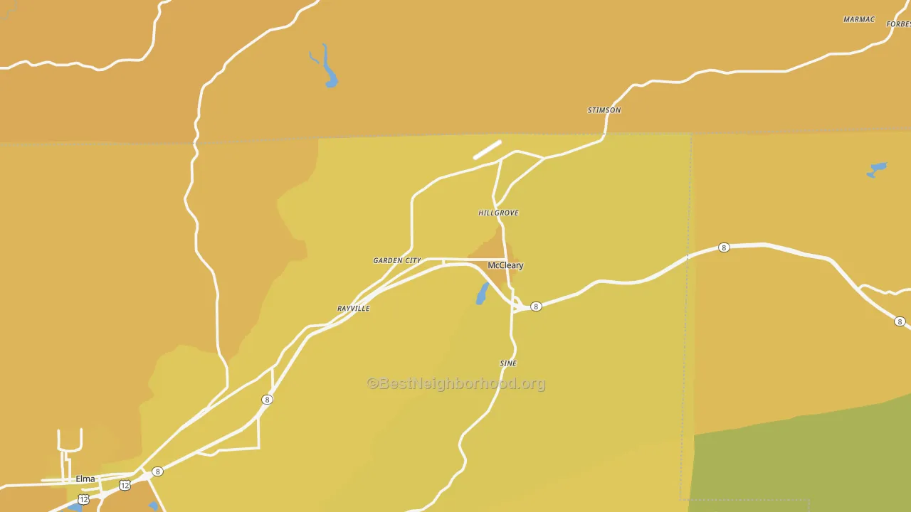 Map of the best neighborhoods in the Mccleary area, with better matches in green and worse matches in red