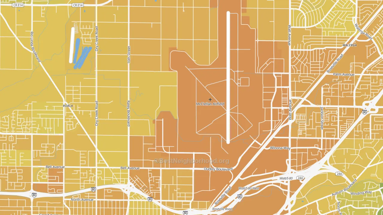 Map of the best neighborhoods in the McClellan Park area, with better matches in green and worse matches in red