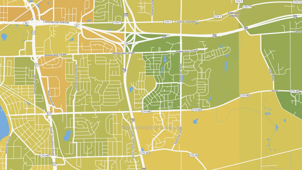 Map of the best neighborhoods in the McClellan Park, Madison area, with better matches in green and worse matches in red