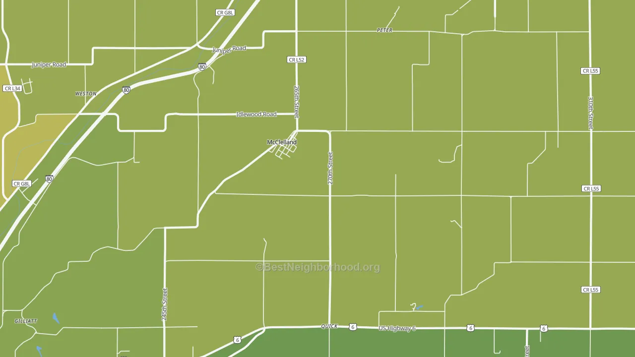 Map of the best neighborhoods in the McClelland area, with better matches in green and worse matches in red