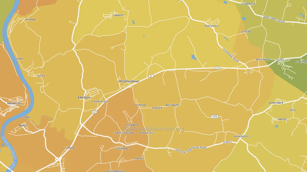 Map of the best neighborhoods in the McClellandtown area, with better matches in green and worse matches in red