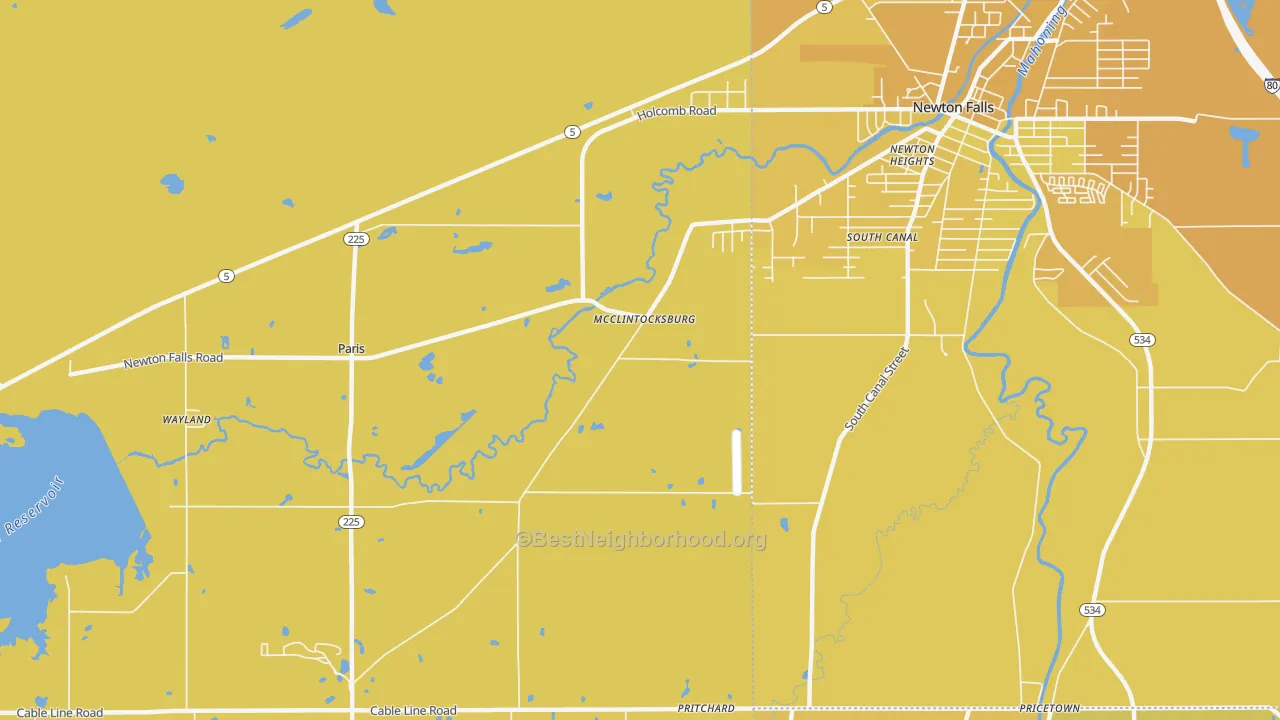 Map of the best neighborhoods in the McClintocksburg area, with better matches in green and worse matches in red