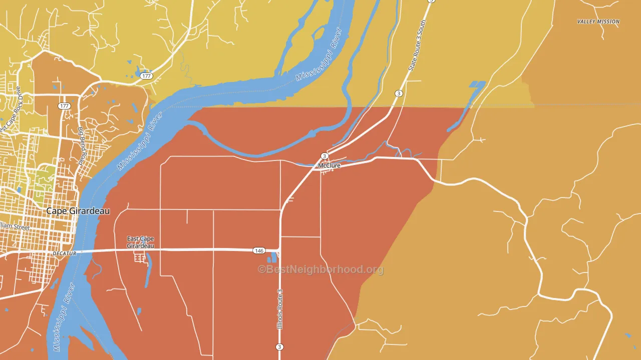 Map of the best neighborhoods in the McClure area, with better matches in green and worse matches in red