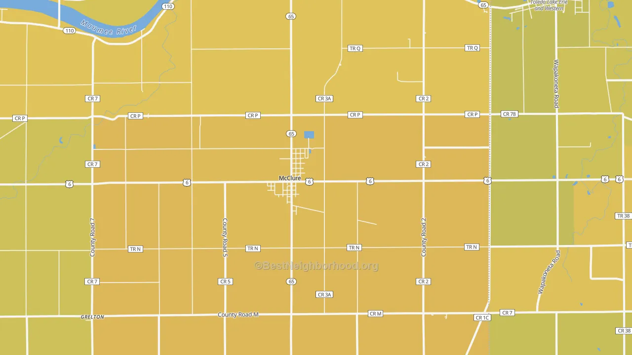 Map of the best neighborhoods in the McClure area, with better matches in green and worse matches in red