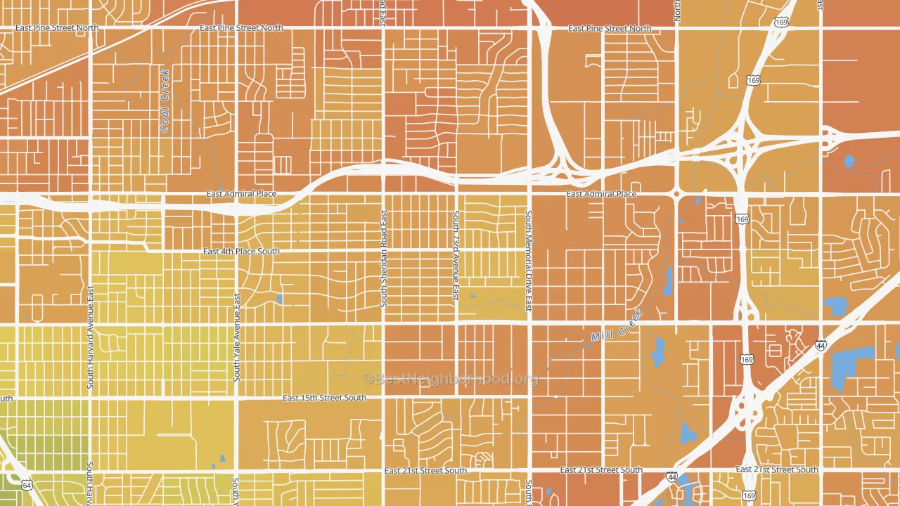 Map of the best neighborhoods in the McClure Park, Tulsa area, with better matches in green and worse matches in red