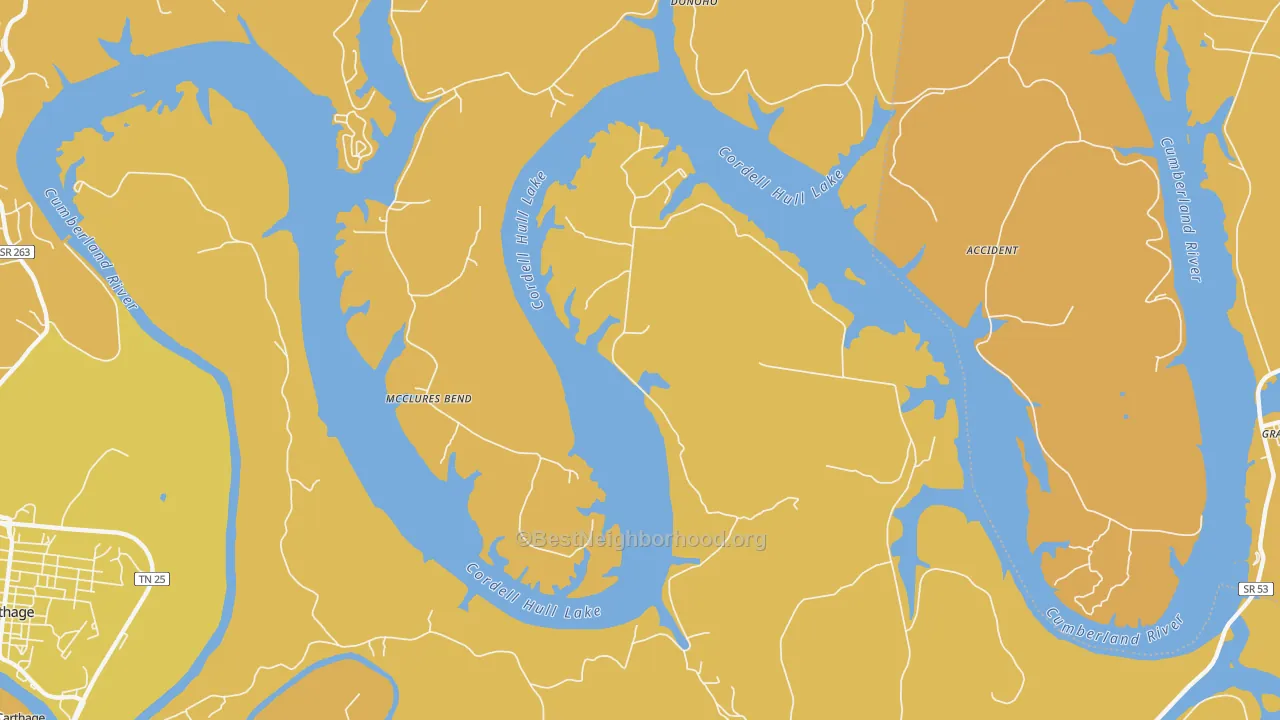 Map of the best neighborhoods in the McClures Bend area, with better matches in green and worse matches in red