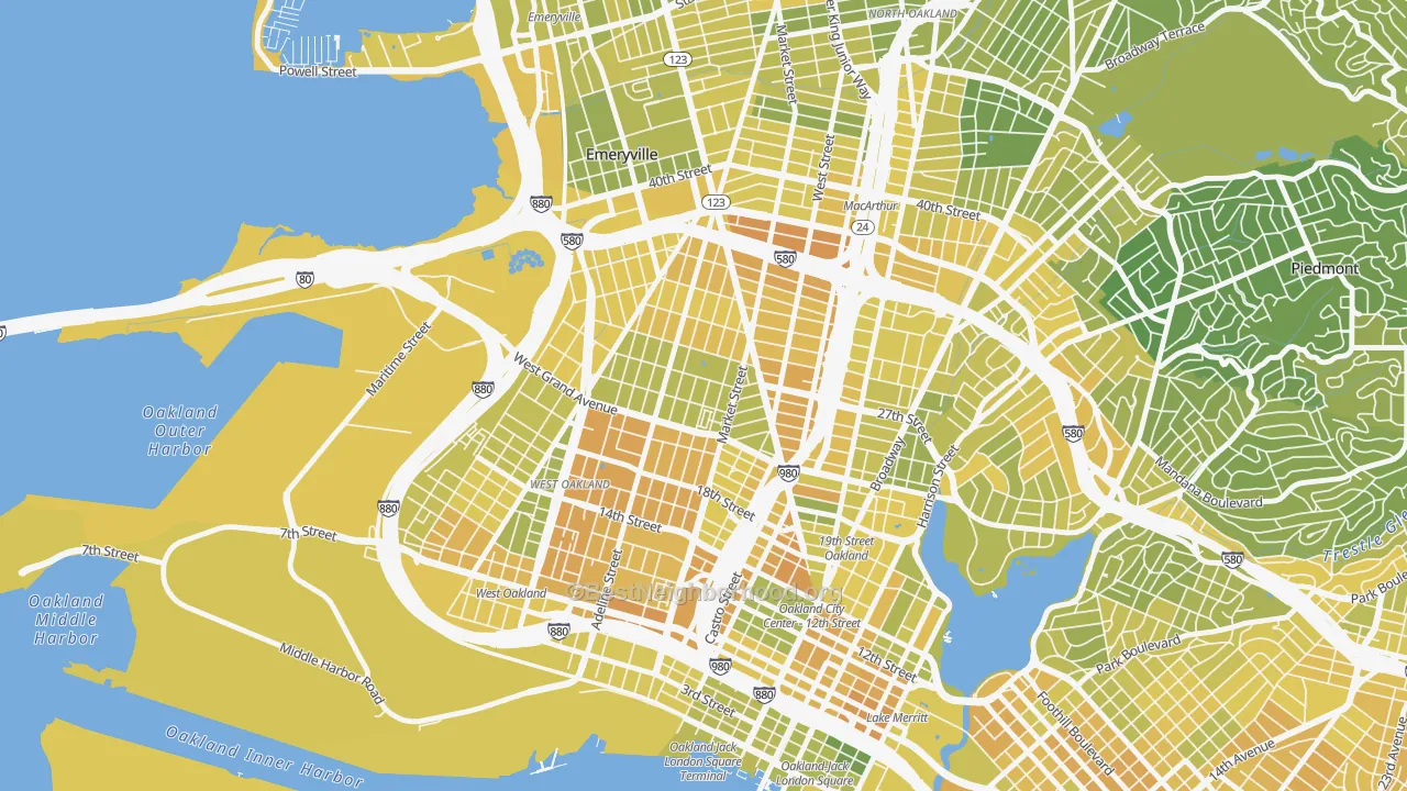 Map of the best neighborhoods in the McClymonds, Oakland area, with better matches in green and worse matches in red