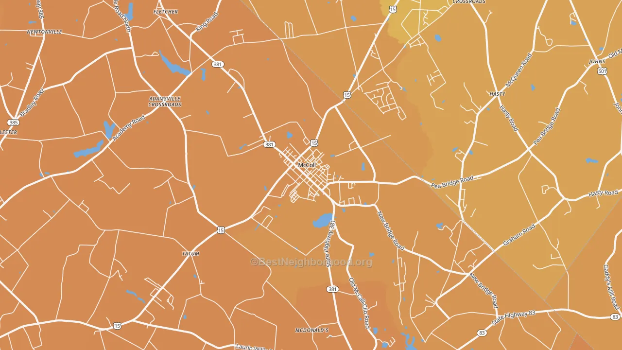 Map of the best neighborhoods in the McColl area, with better matches in green and worse matches in red