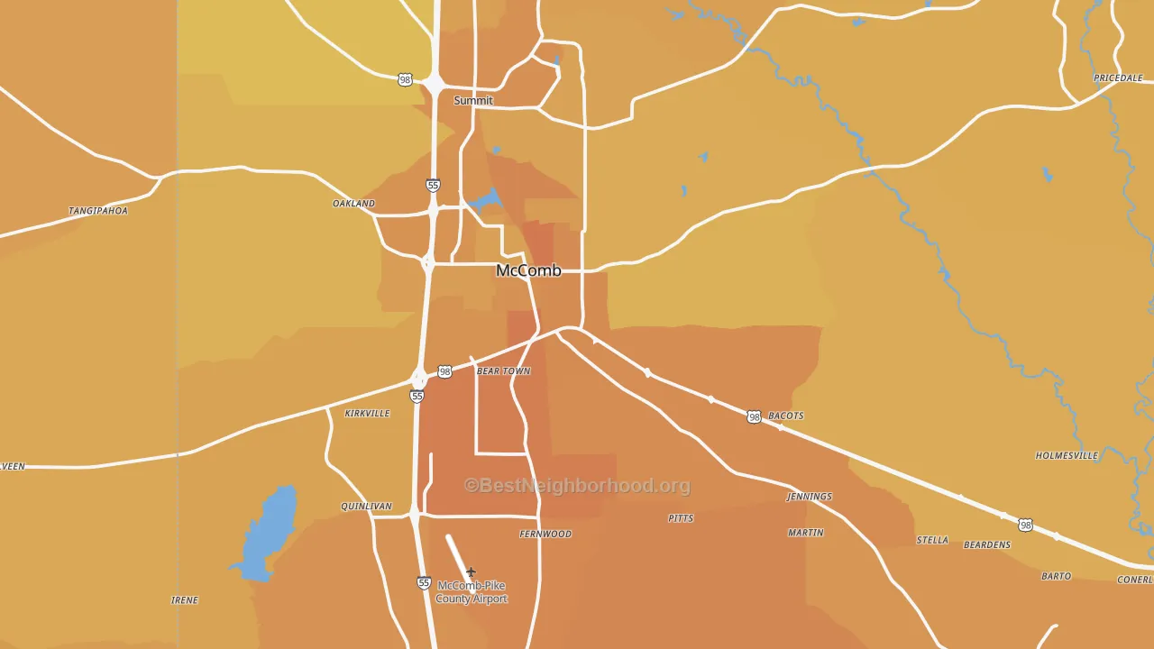 Map of the best neighborhoods in the Mccomb area, with better matches in green and worse matches in red