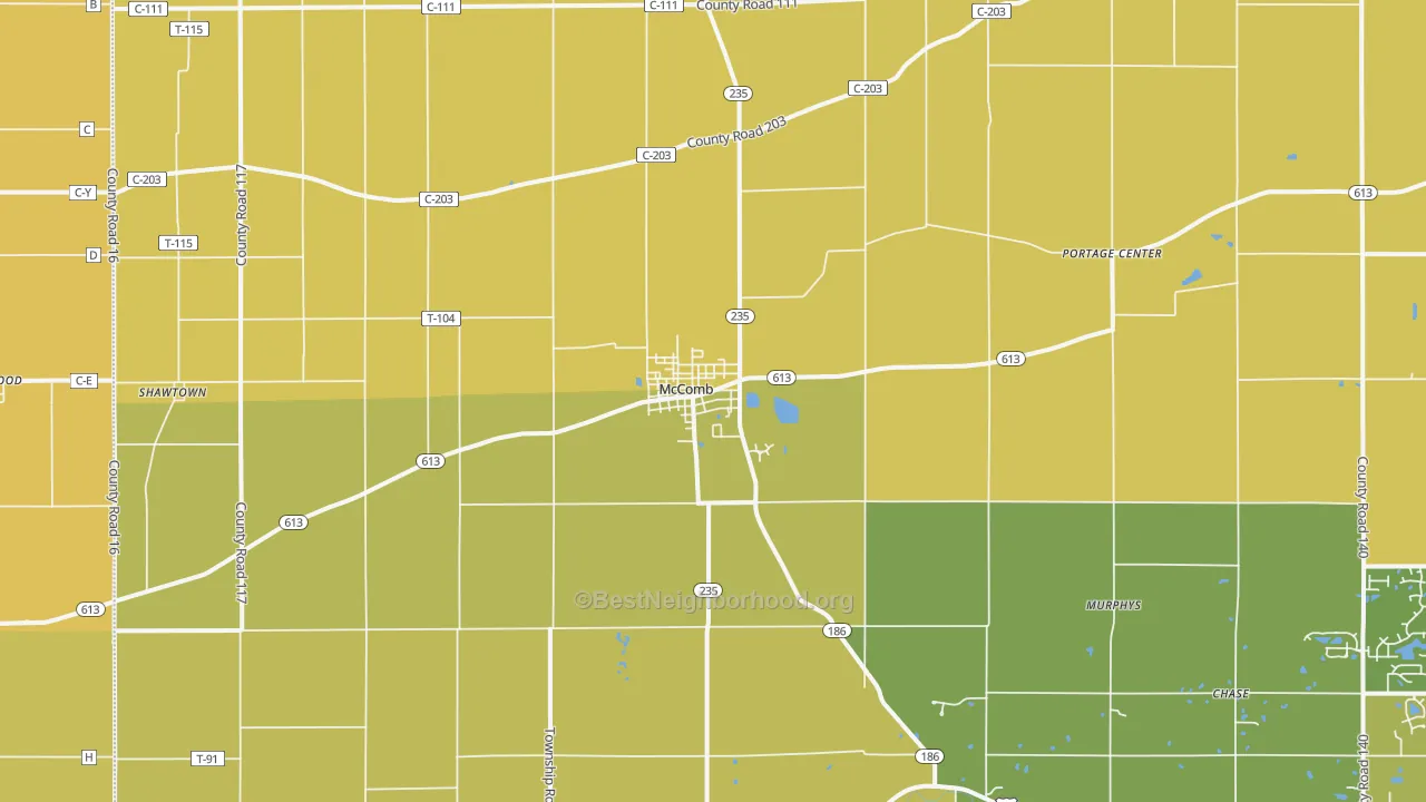 Map of the best neighborhoods in the McComb area, with better matches in green and worse matches in red