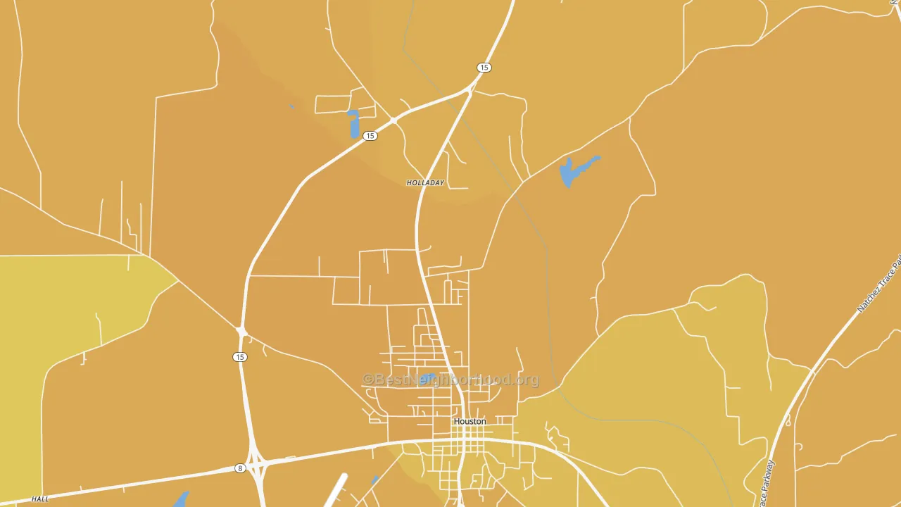 Map of the best neighborhoods in the McCondy area, with better matches in green and worse matches in red