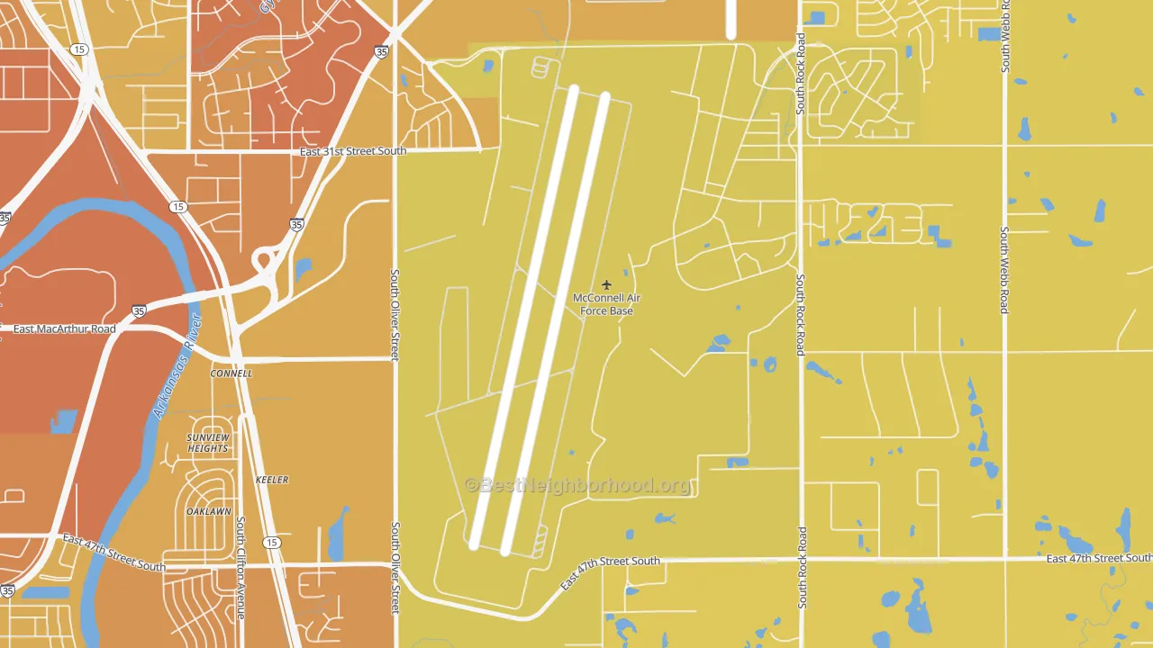 Map of the best neighborhoods in the McConnell AFB area, with better matches in green and worse matches in red