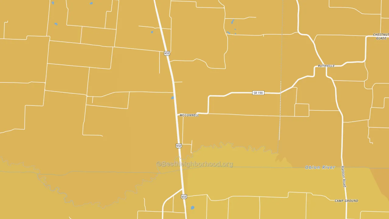 Map of the best neighborhoods in the McConnell area, with better matches in green and worse matches in red