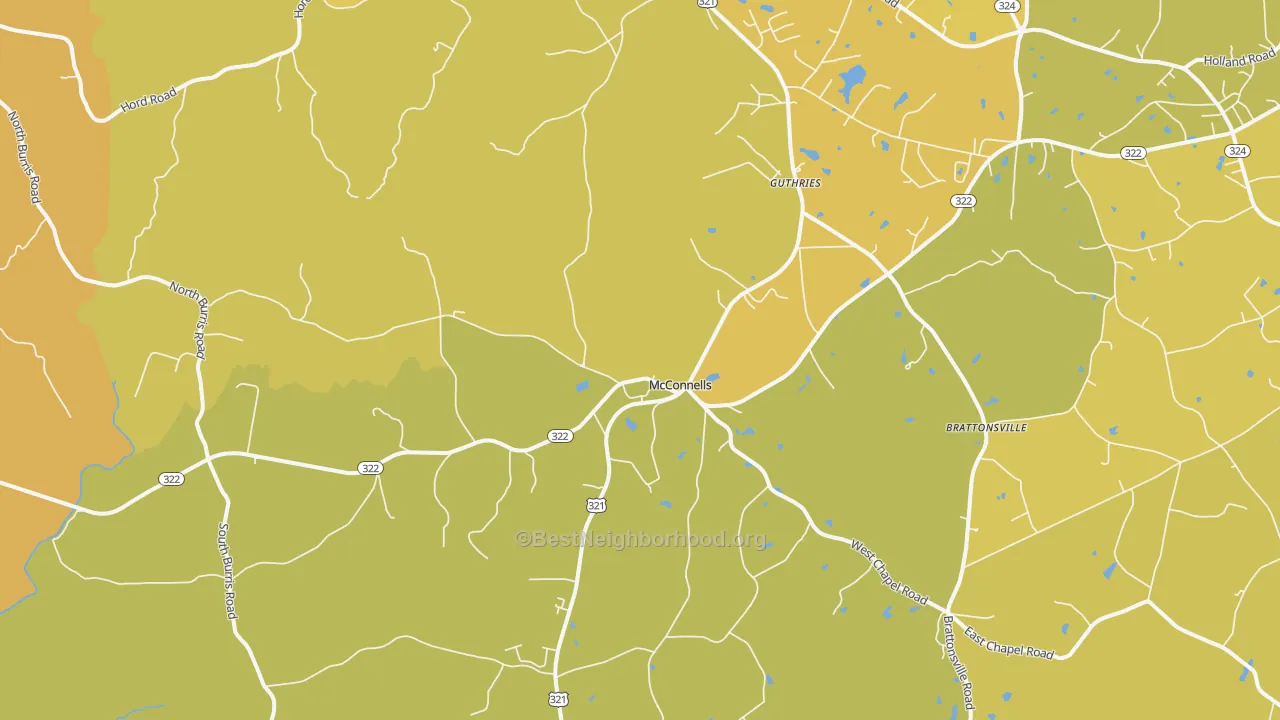 Map of the best neighborhoods in the McConnells area, with better matches in green and worse matches in red