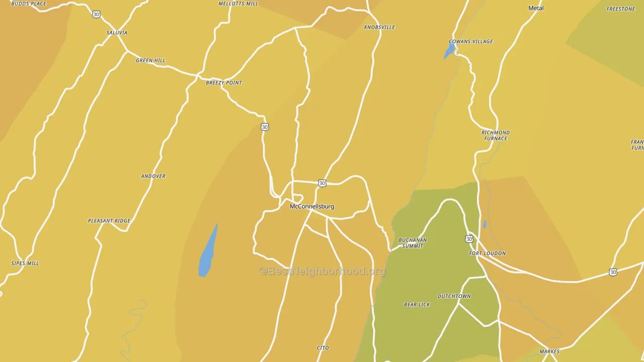 Map of the best neighborhoods in the McConnellsburg area, with better matches in green and worse matches in red